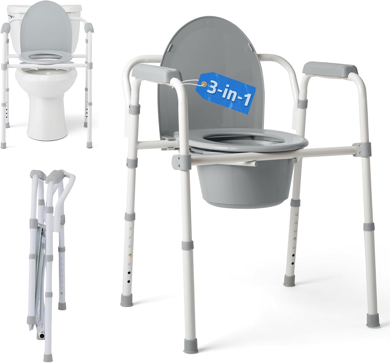 Medline Dark Gray 3-in-1 Folding Commode with Elongated Seat
